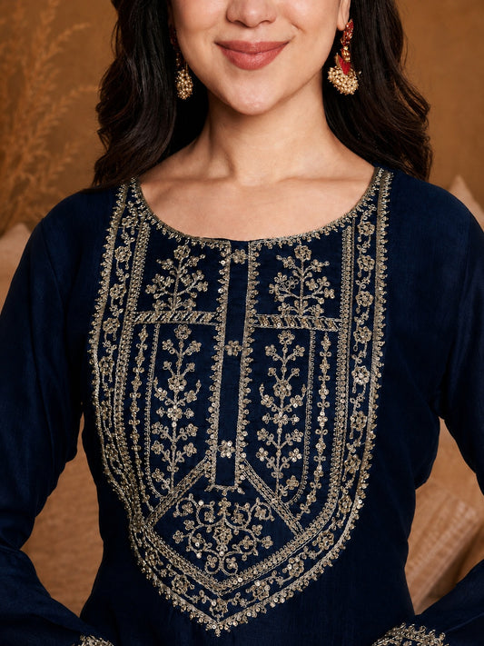 Blue-Yoke Full-Sleeve Vichitra Silk Kurta