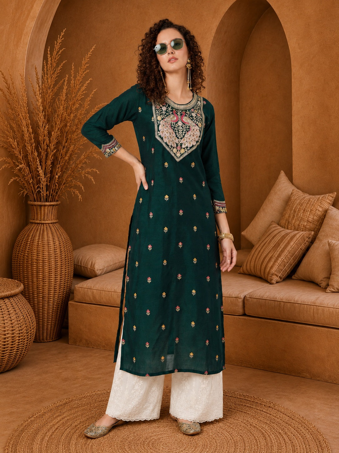 Dark Green Twin Peacock Zari Embroidered Silk Kurta