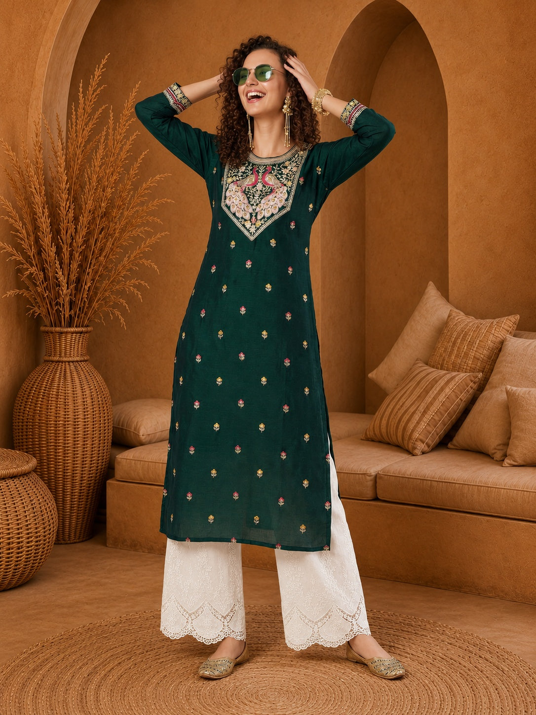 Dark Green Twin Peacock Zari Embroidered Silk Kurta
