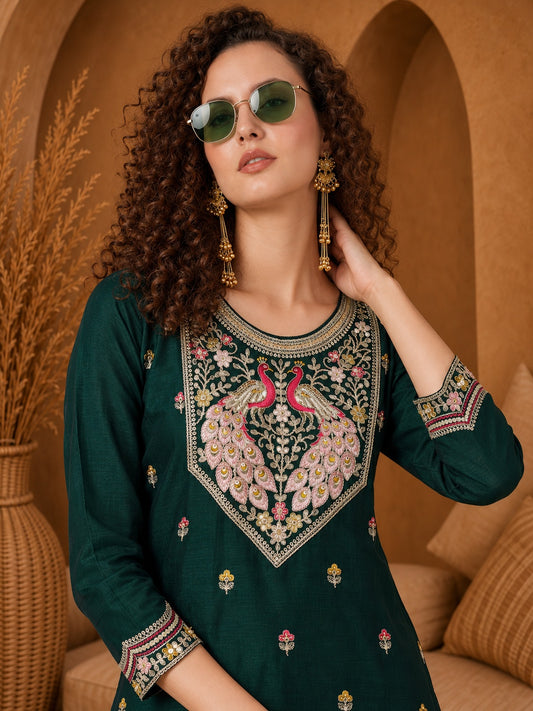 Dark Green Twin Peacock Zari Embroidered Silk Kurta