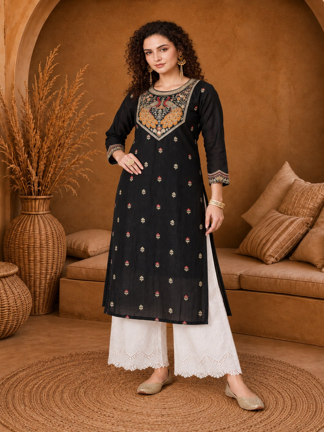 Black Twin Peacock Zari Embroidered Silk Kurta