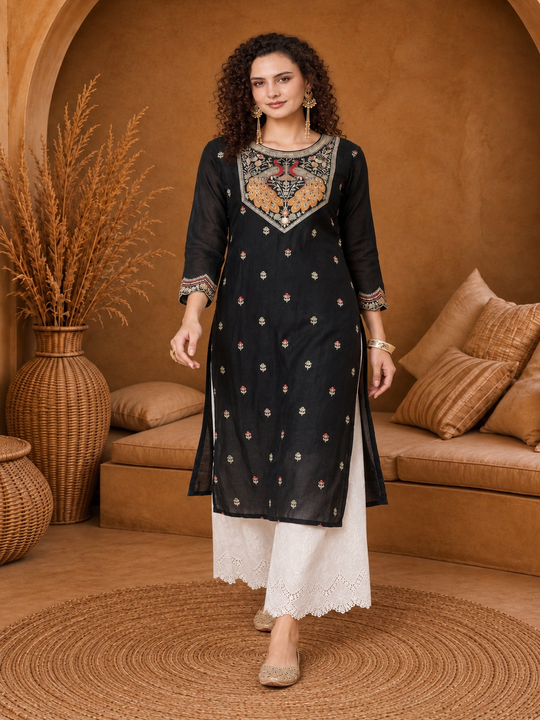 Black Twin Peacock Zari Embroidered Silk Kurta