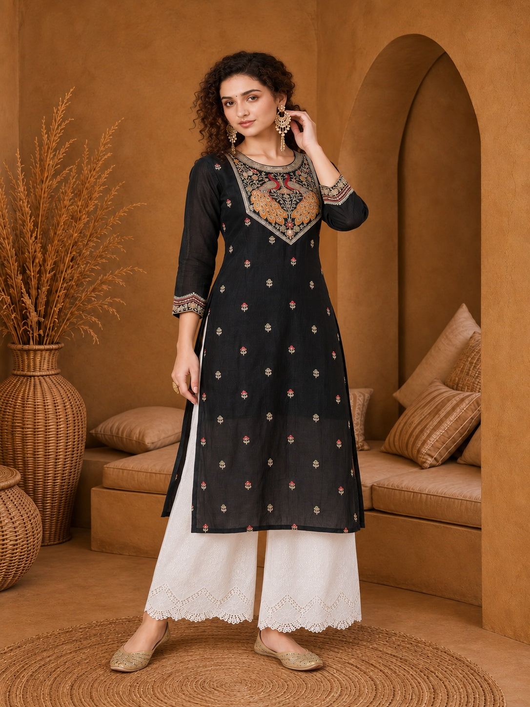 Black Twin Peacock Zari Embroidered Silk Kurta