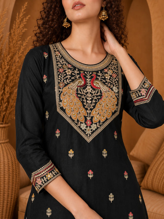 Black Twin Peacock Zari Embroidered Silk Kurta