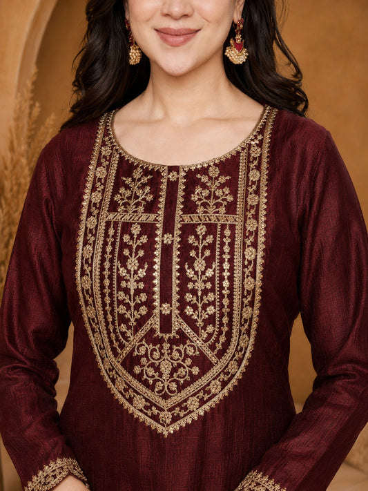 Marron-Yoke Full-Sleeve Vichitra Silk Kurta