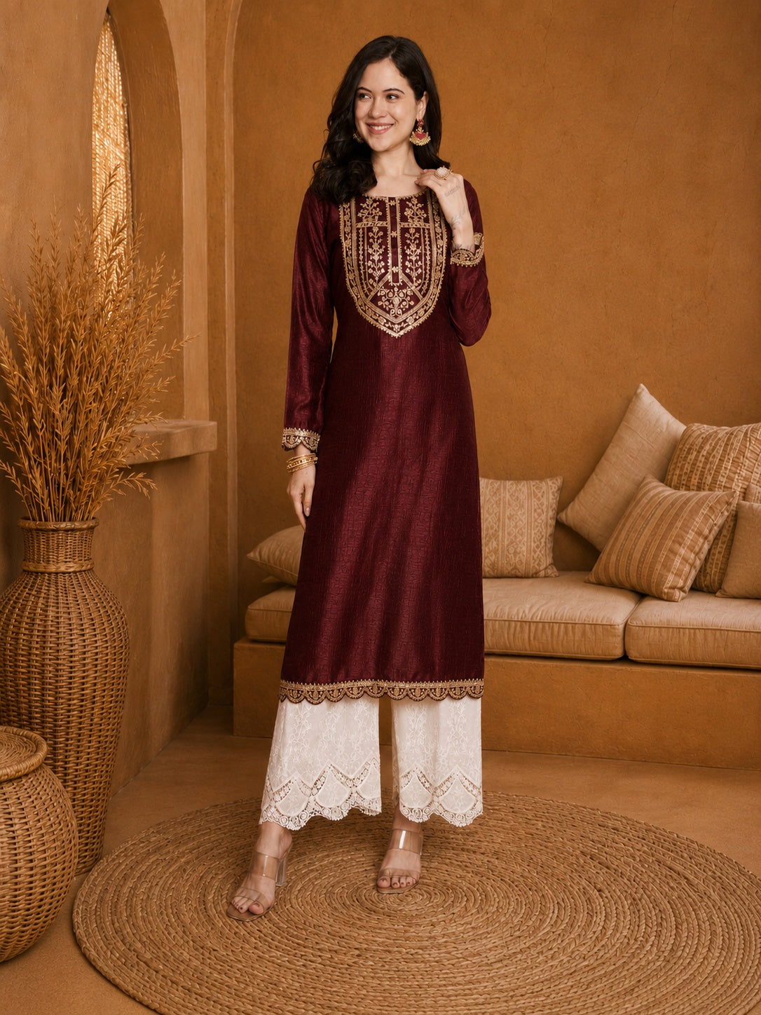 Marron-Yoke Full-Sleeve Vichitra Silk Kurta