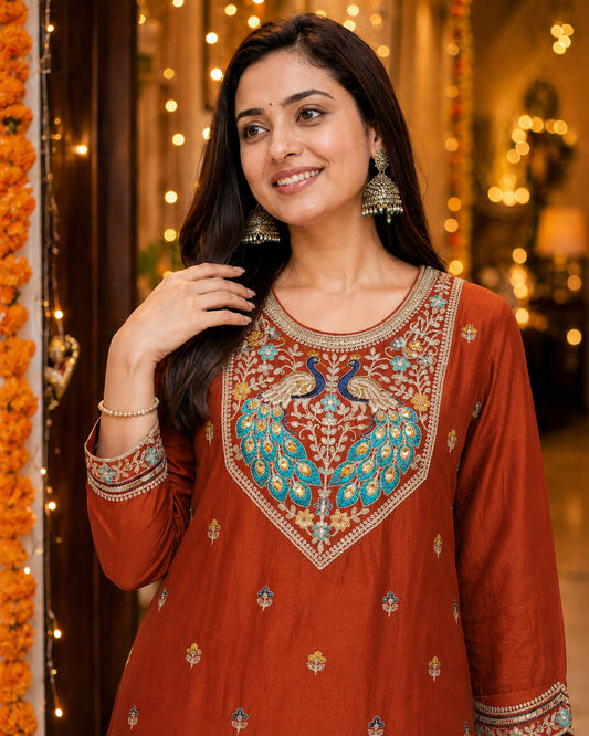 Rust Peacock-Motif Embroidered Vichitra Silk Kurta