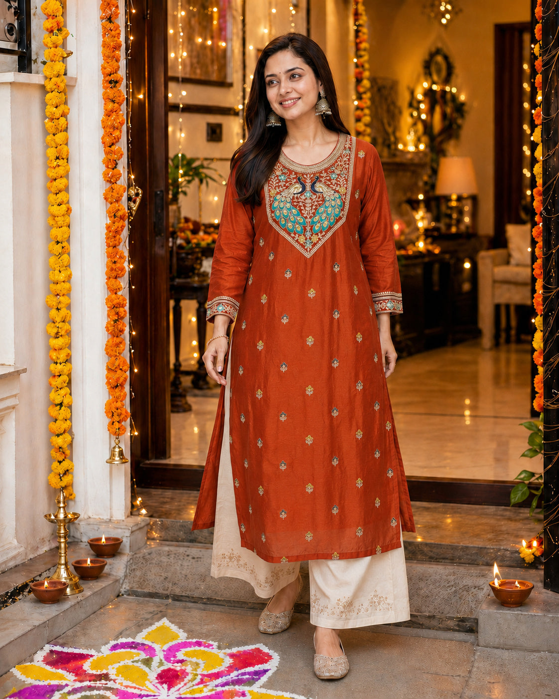 Rust Peacock-Motif Embroidered Vichitra Silk Kurta