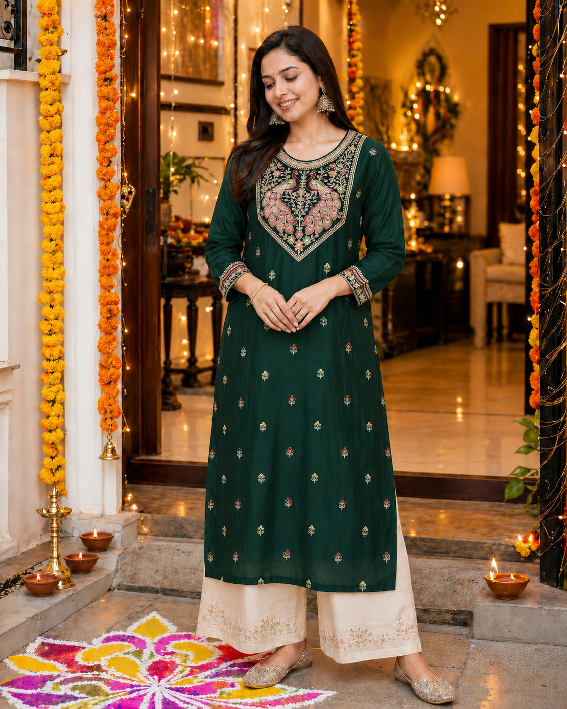 Dark Green Peacock-Motif Embroidered Vichitra Silk Kurta