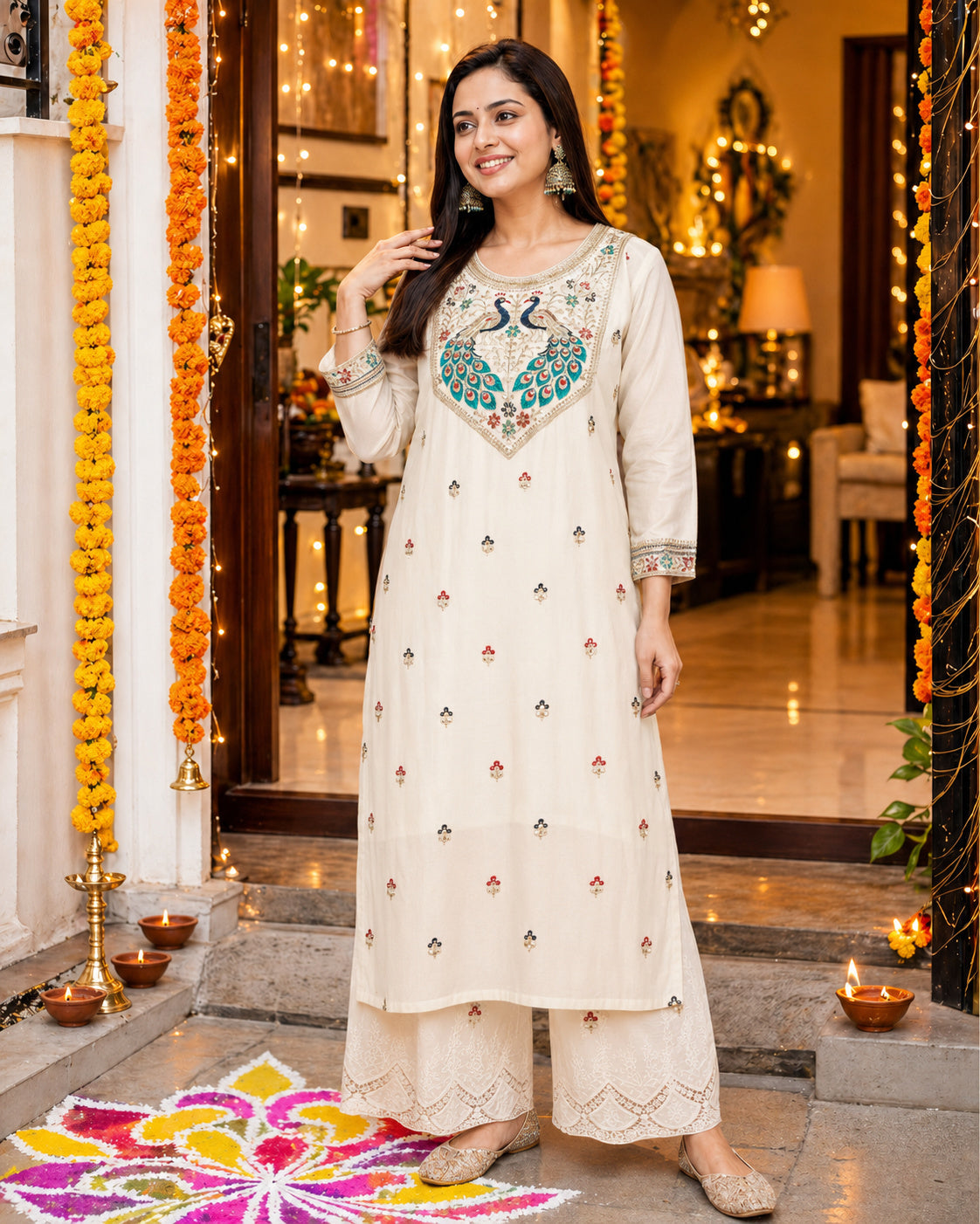 Cream Peacock-Motif Embroidered Vichitra Silk Kurta