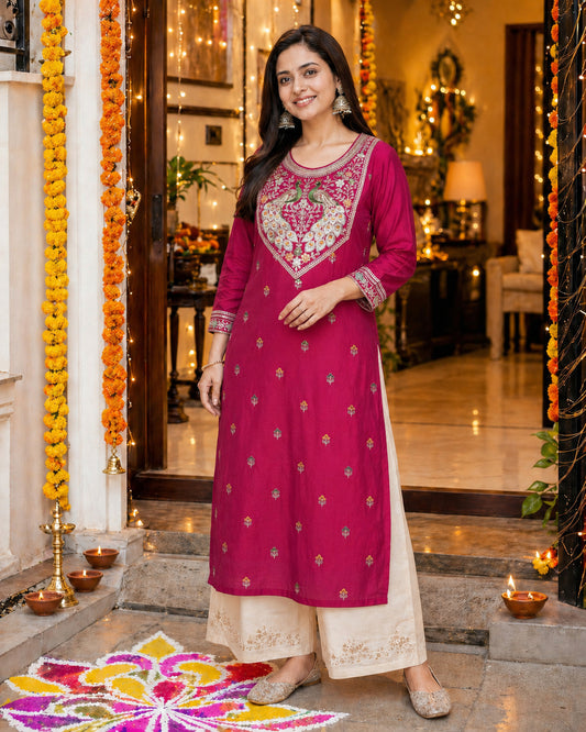 Peacock-Motif Embroidered Vichitra Silk Kurta