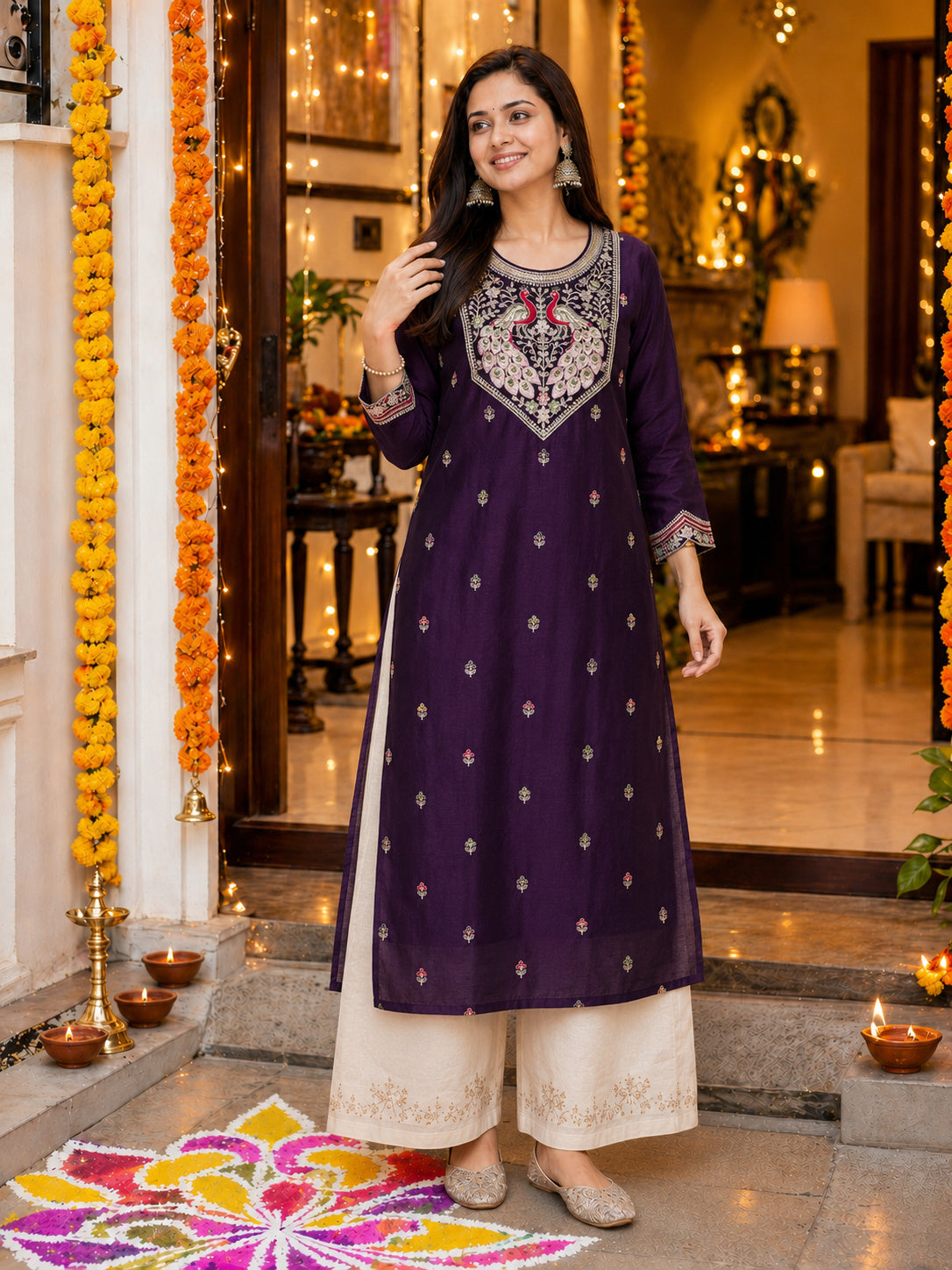 Purple Peacock-Motif Embroidered Vichitra Silk Kurta