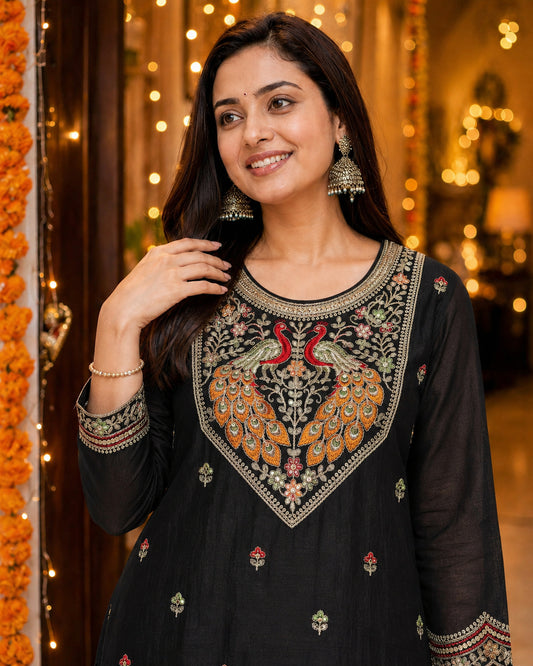 Black Peacock-Motif Embroidered Vichitra Silk Kurta