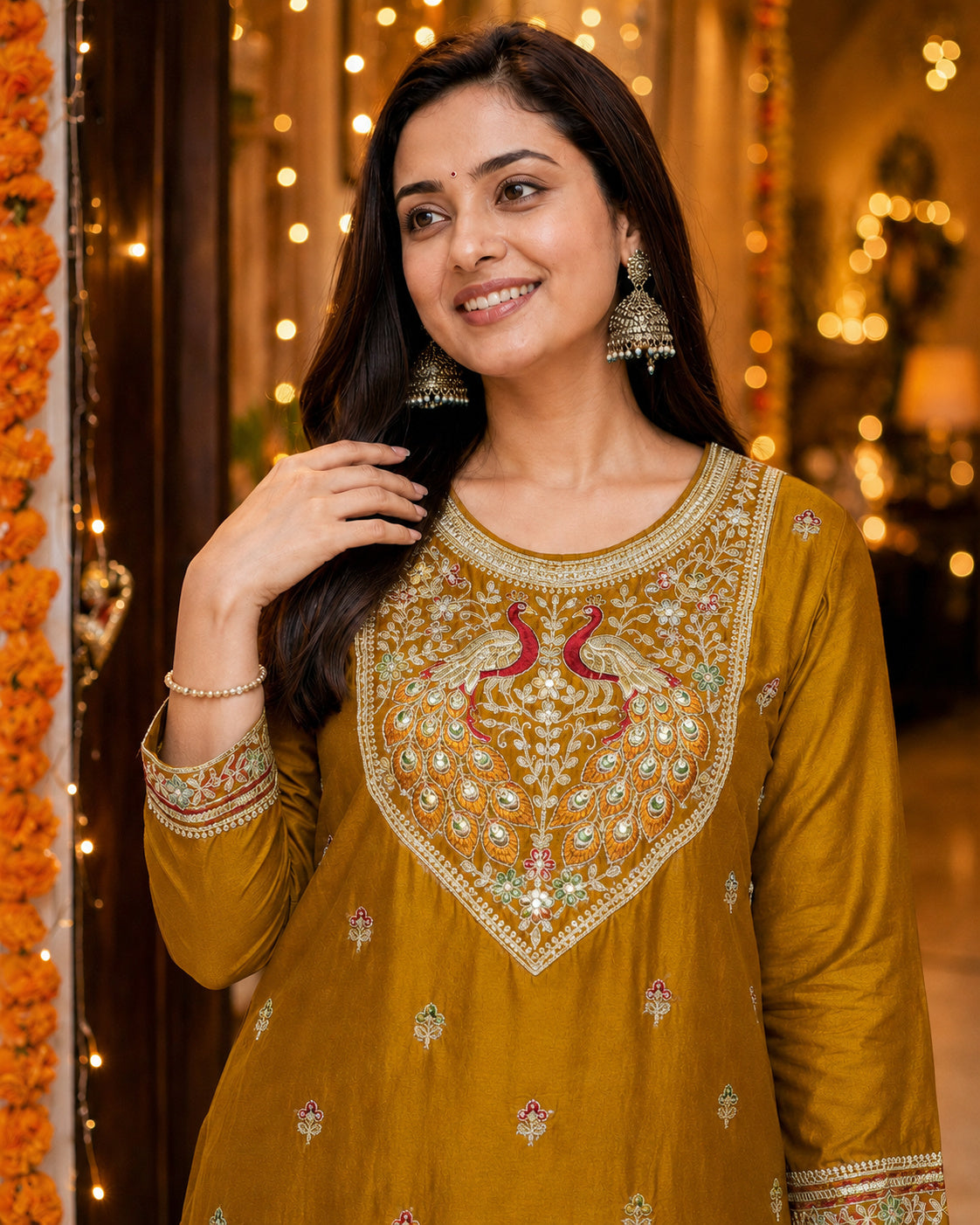 Mustard Peacock-Motif Embroidered Vichitra Silk Kurta