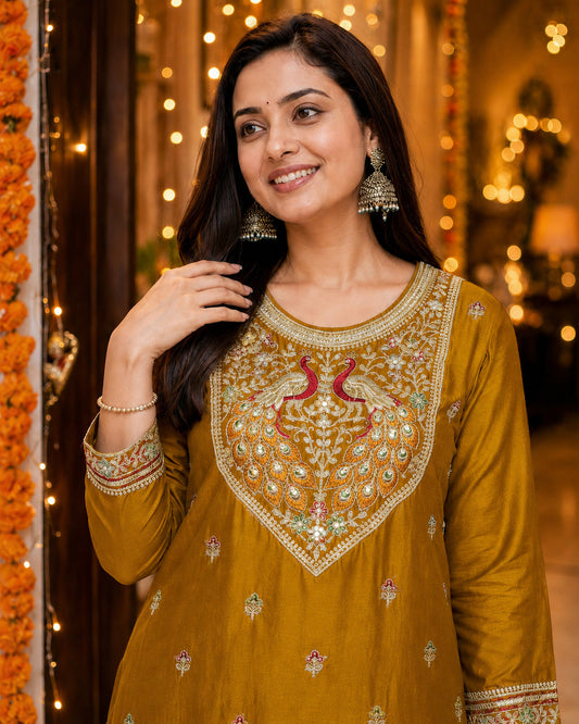 Mustard Peacock-Motif Embroidered Vichitra Silk Kurta