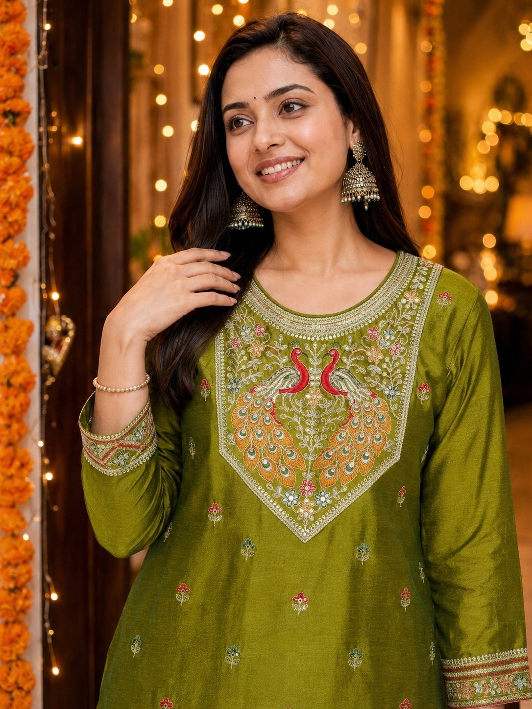 Green Peacock-Motif Embroidered Vichitra Silk Kurta