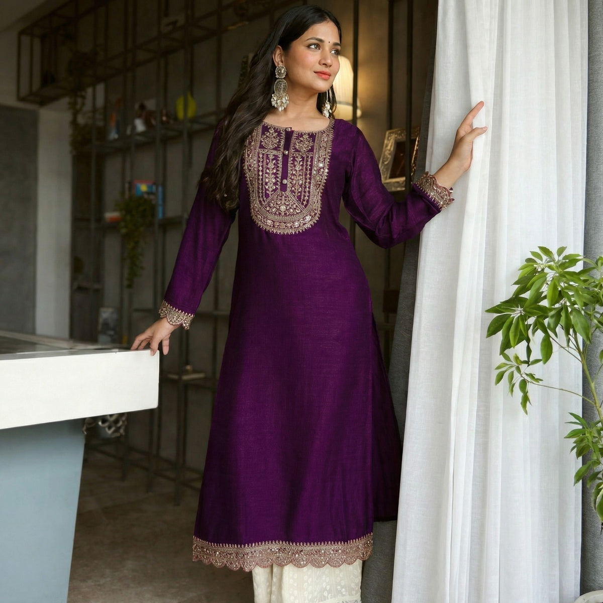 Purple Button-Yoke Vichitra Silk Kurta