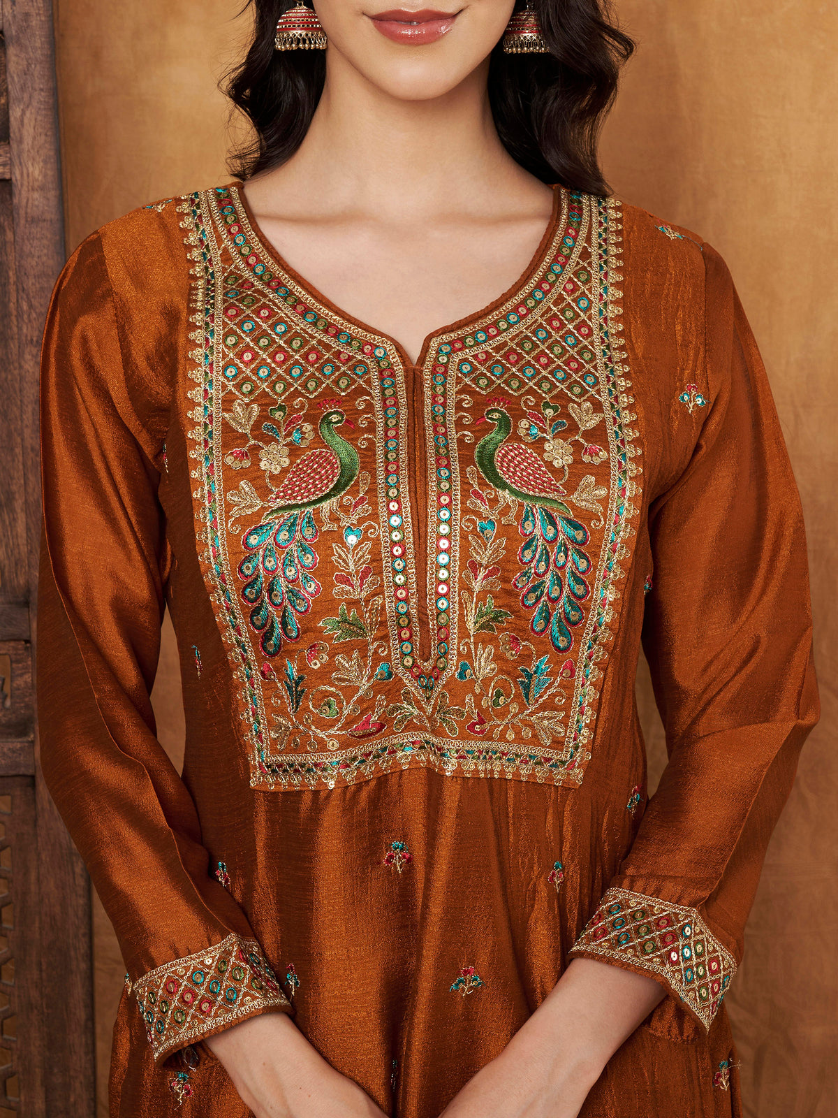 Rust Embroidered Full-Sleeve Silk Kurta (Style 605)