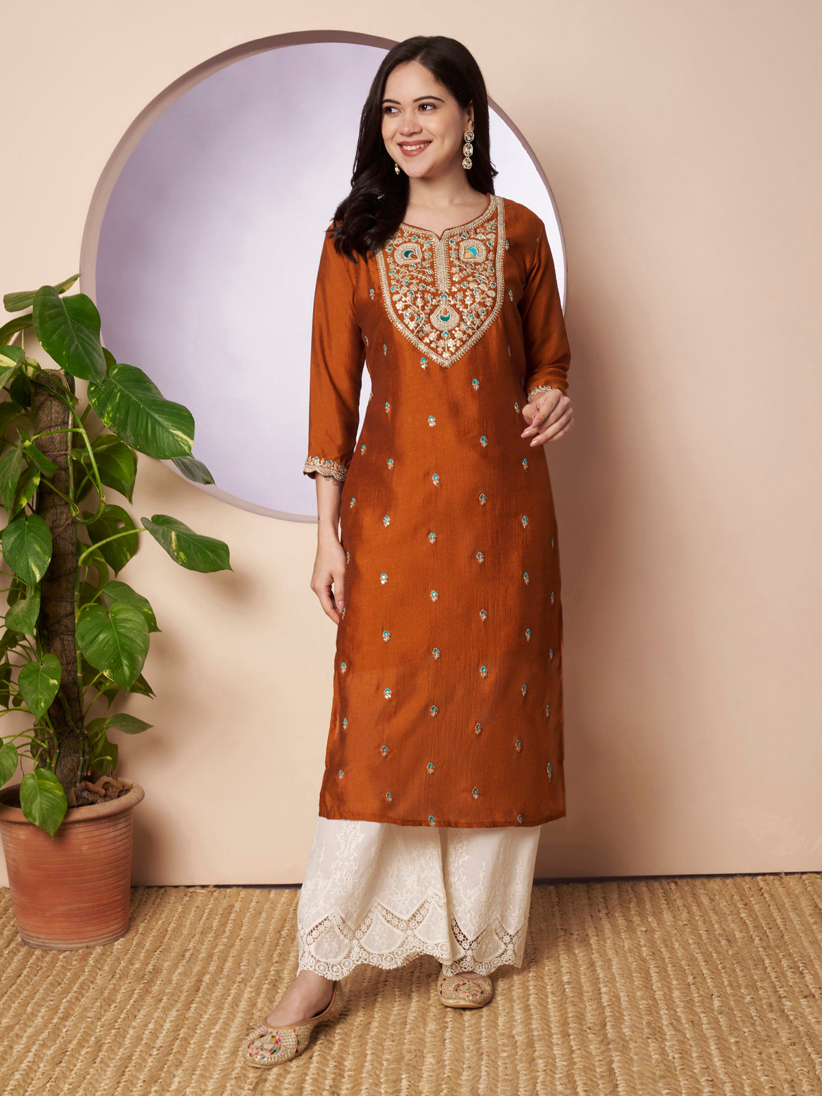 Rust Sweetheart-Neck Embroidered Silk Kurta