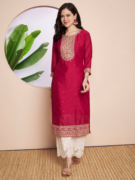 Rani Beam Embroidered Art Silk Kurta