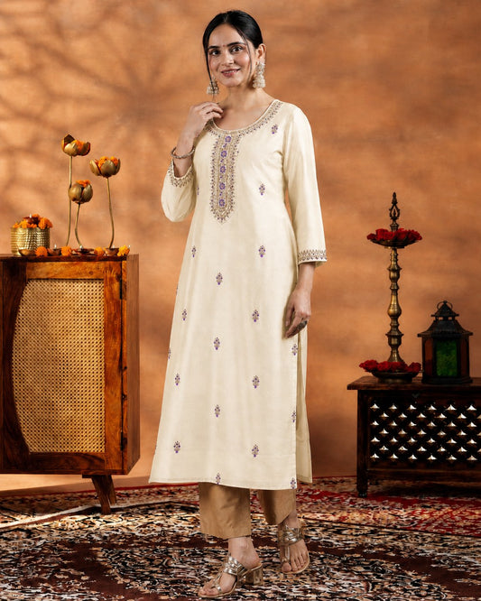 Cream Embroidered-Yoke Silk Kurta (Style 15)
