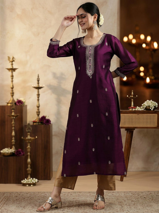 Purple Embroidered-Yoke Silk Kurta (Style 15)