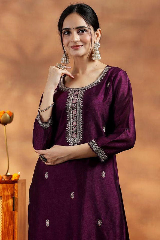 Purple Embroidered-Yoke Silk Kurta (Style 15)
