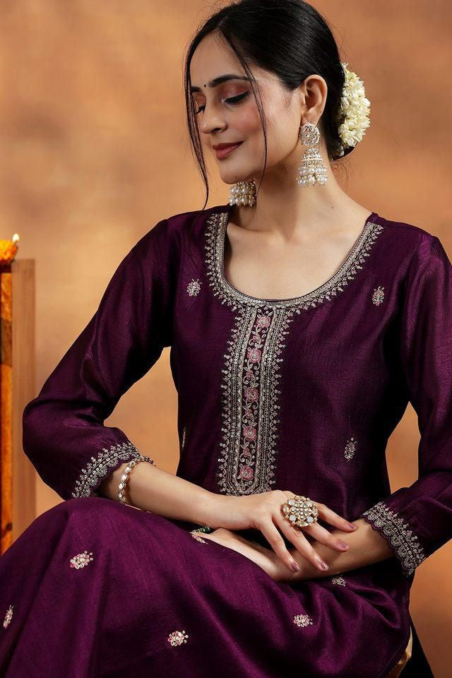 Purple Embroidered-Yoke Silk Kurta (Style 15)