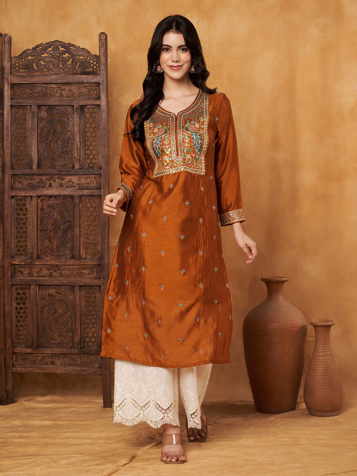 Rust Embroidered Full-Sleeve Silk Kurta (Style 605)
