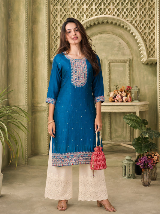 Blue Beam Embroidered Art Silk Kurta