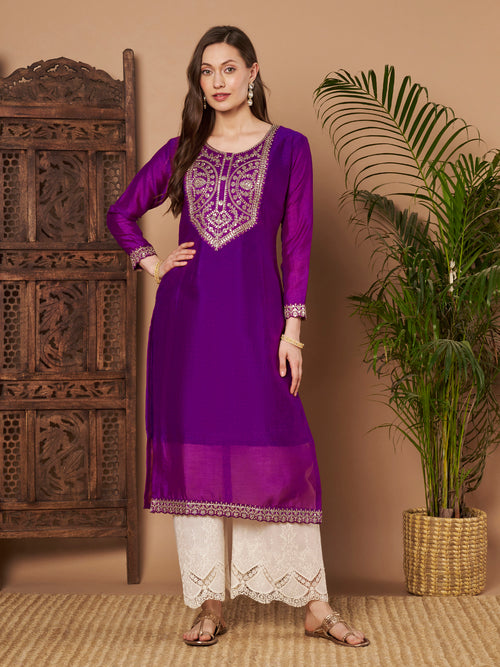 Purple Embroidered 3/4-Sleeve Silk Kurta (Style 109)