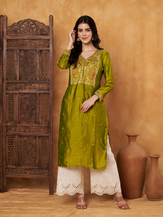 Green Embroidered Full-Sleeve Silk Kurta (Style 605)