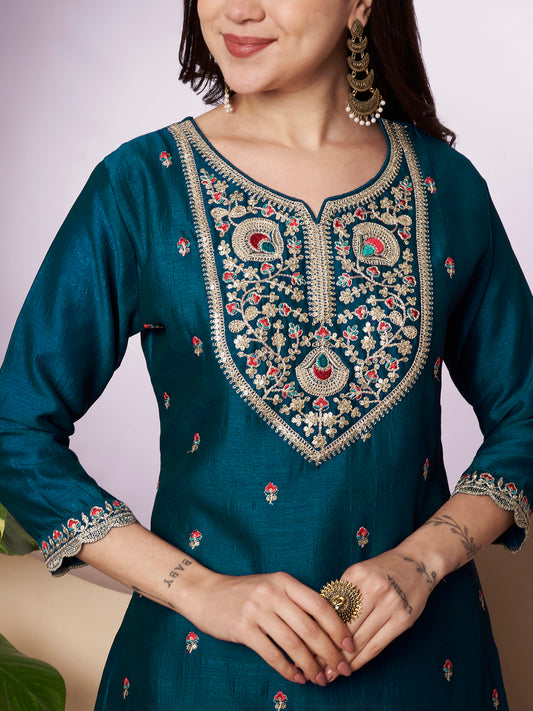 Sweetheart-Neck Embroidered Silk Kurta