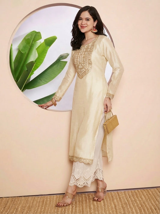 Cream Button-Yoke Vichitra Silk Kurta