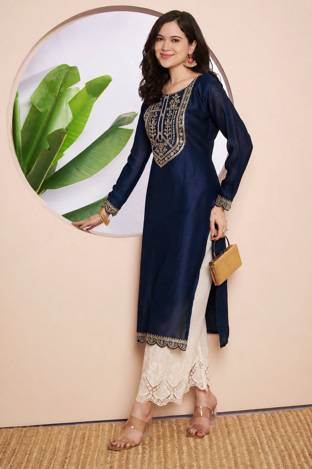 Button-Yoke Full-Sleeve Vichitra Silk Kurta