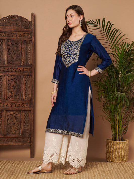 Embroidered 3/4-Sleeve Silk Kurta (Style 109)