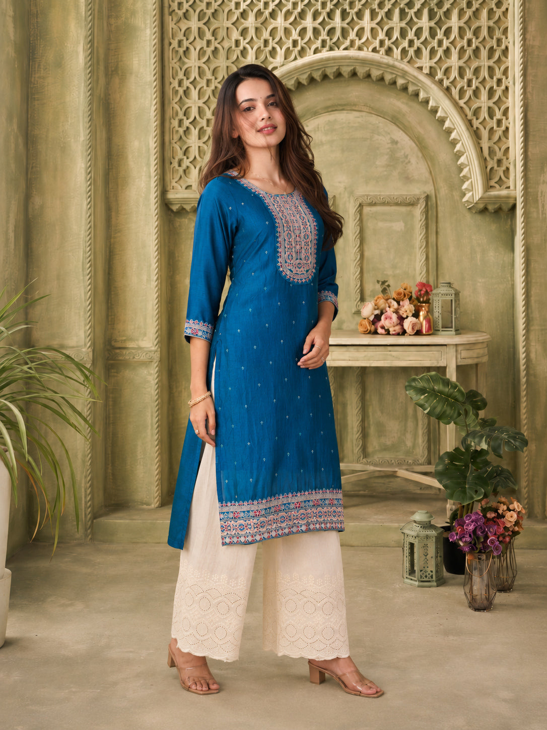 Blue Beam Embroidered Art Silk Kurta