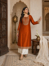 Burnt Orange Zari Button Silk Kurta