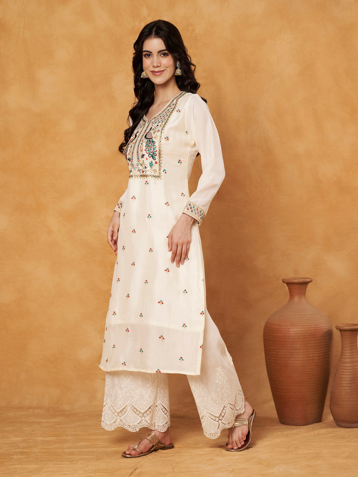 Cream Embroidered Full-Sleeve Silk Kurta (Style 605)
