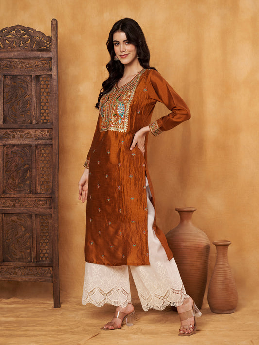 Rust Embroidered Full-Sleeve Silk Kurta (Style 605)