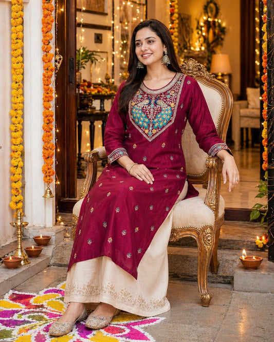 Maroon Peacock-Motif Embroidered Vichitra Silk Kurta