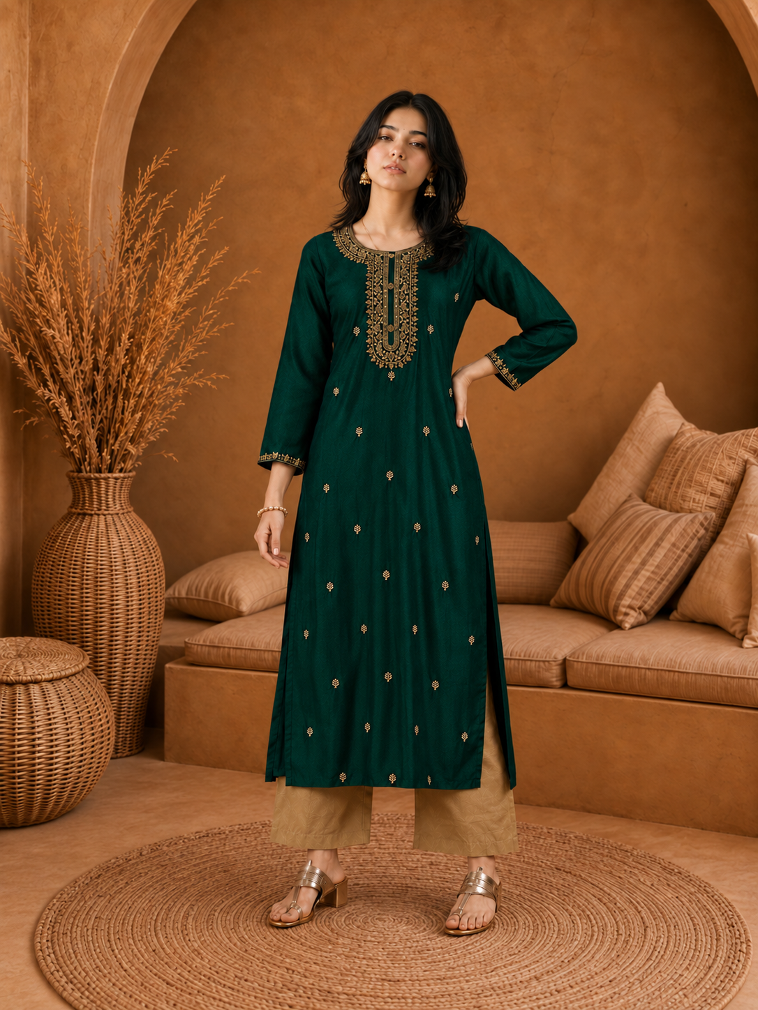 Dark Green-Embroiderd-Straight-Festive Kurta