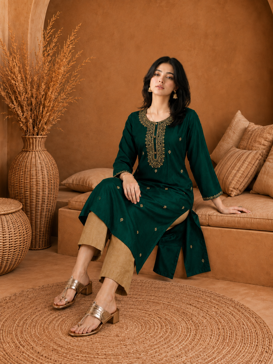 Dark Green-Embroiderd-Straight-Festive Kurta