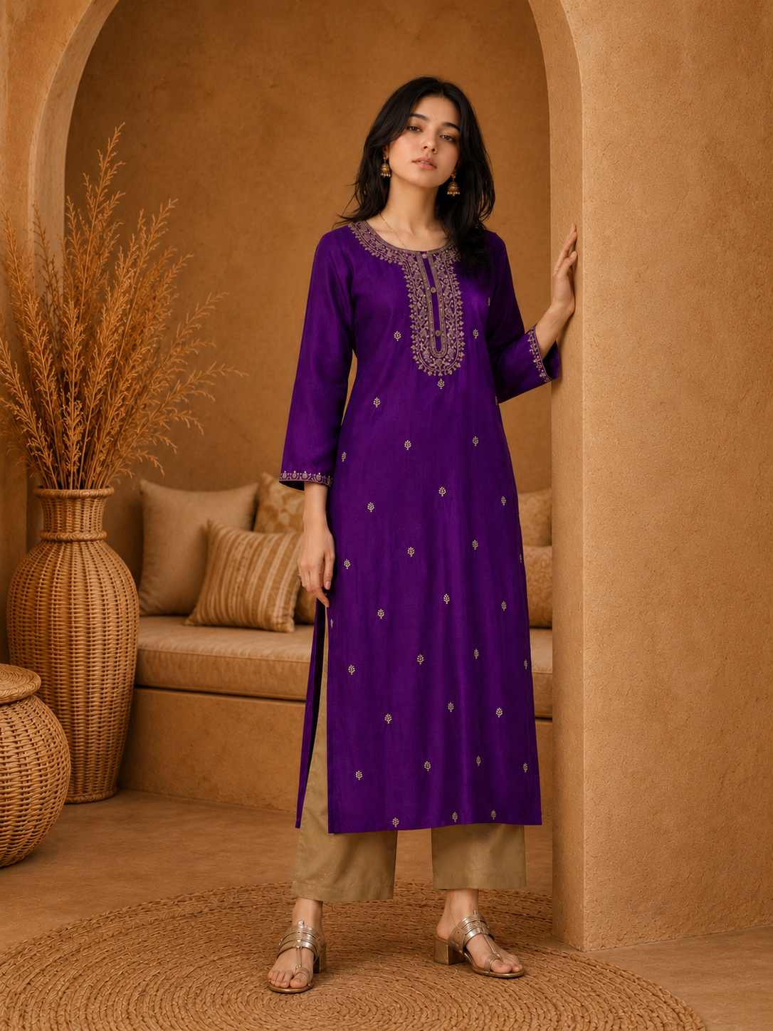 Purple-Embroiderd-Straight-Festive Kurta