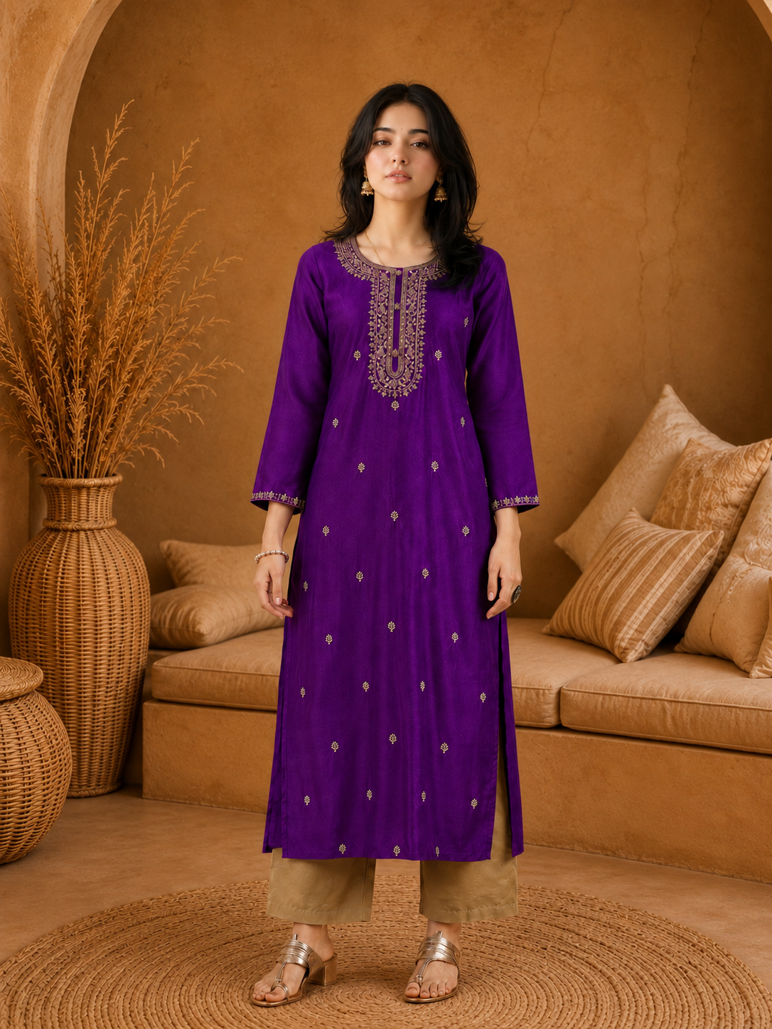 Purple-Embroiderd-Straight-Festive Kurta