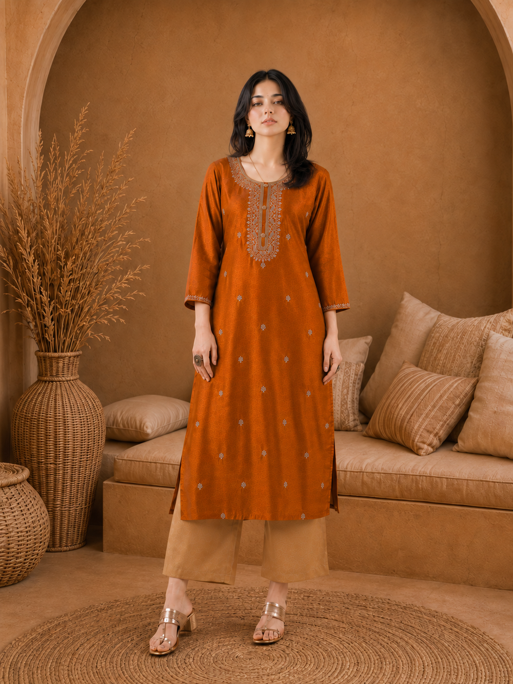 Rust-Embroiderd-Straight-Festive Kurta
