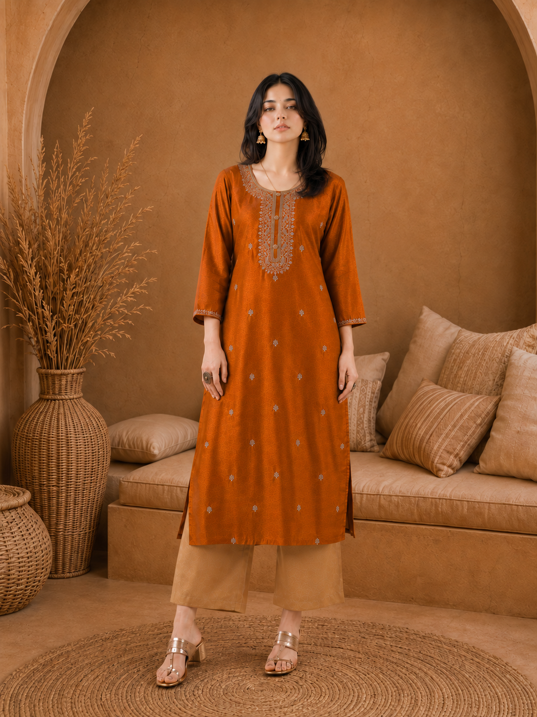 Rust-Embroiderd-Straight-Festive Kurta