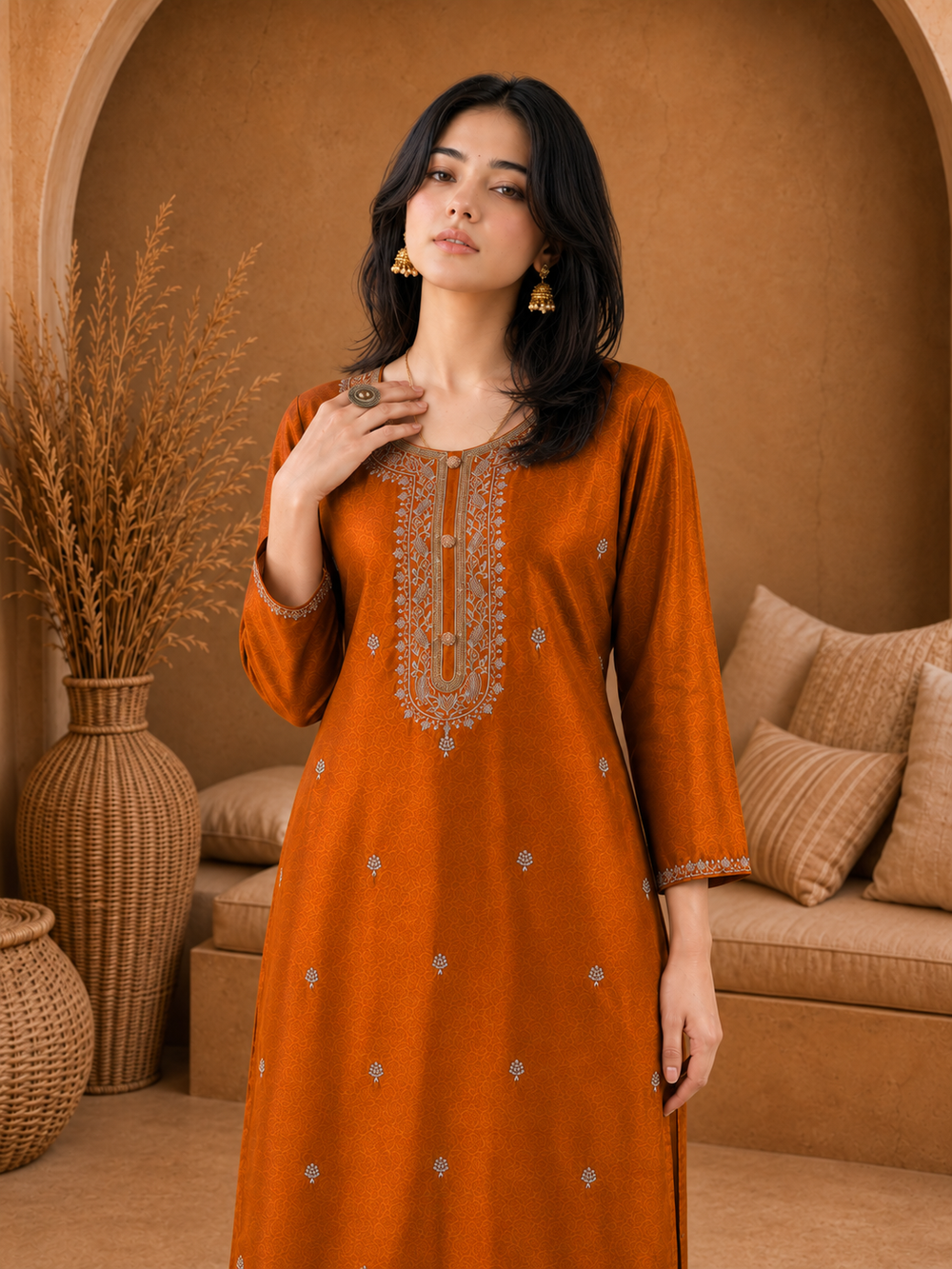 Rust-Embroiderd-Straight-Festive Kurta