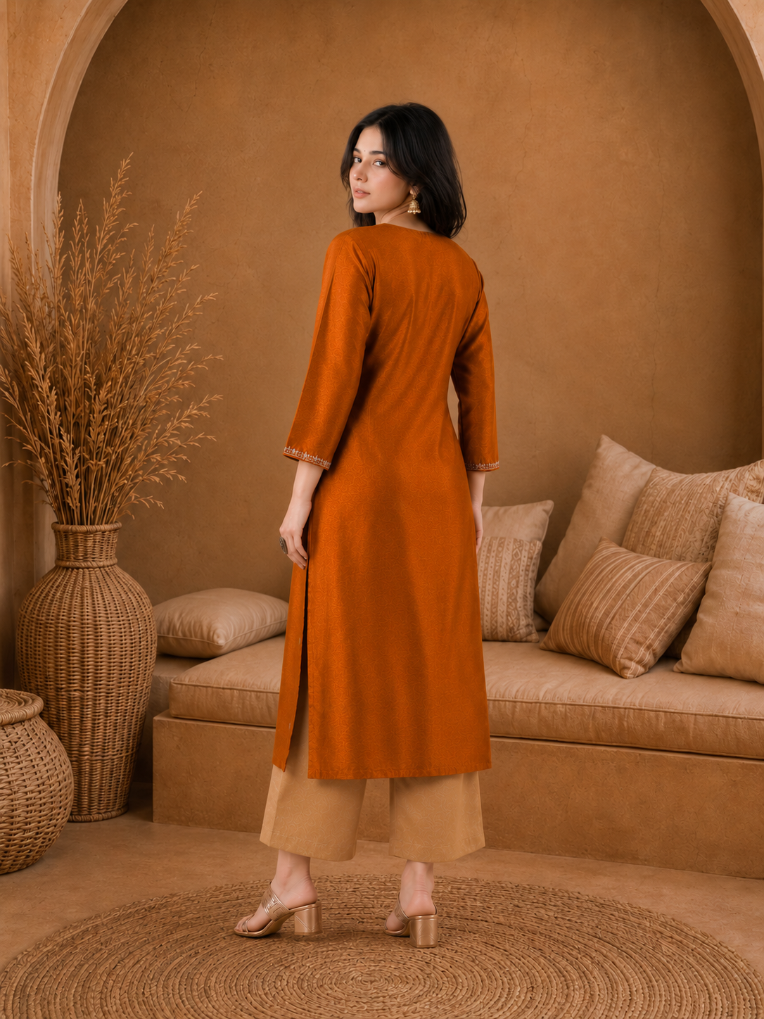Rust-Embroiderd-Straight-Festive Kurta