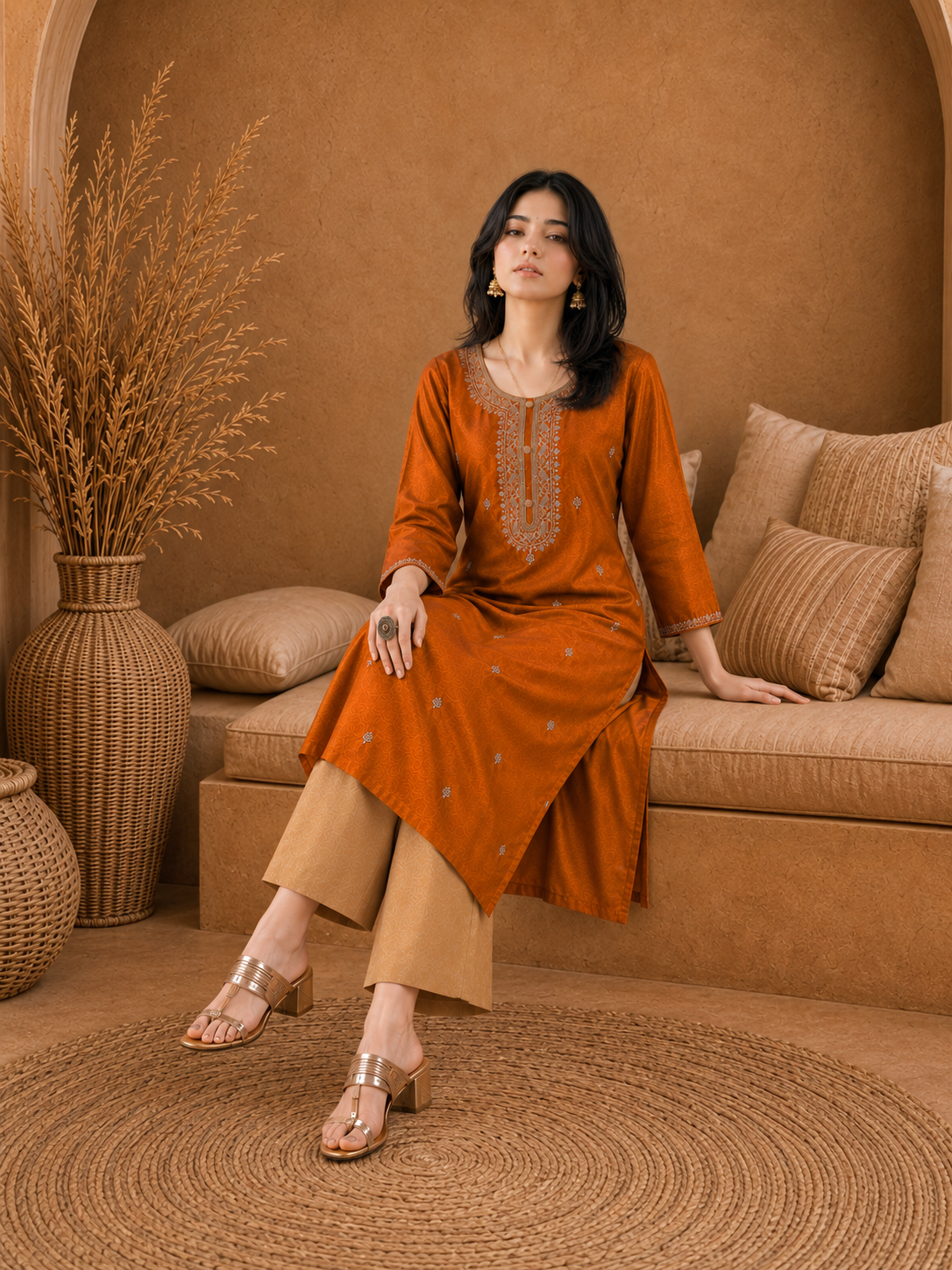Rust-Embroiderd-Straight-Festive Kurta